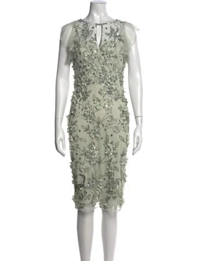 Pre-owned Theia Floral Print Knee-length Dress In Green