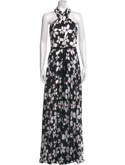 Pre-owned Theia Floral Print Long Dress In Black