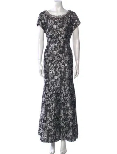 Pre-owned Theia Floral Print Long Dress In Black