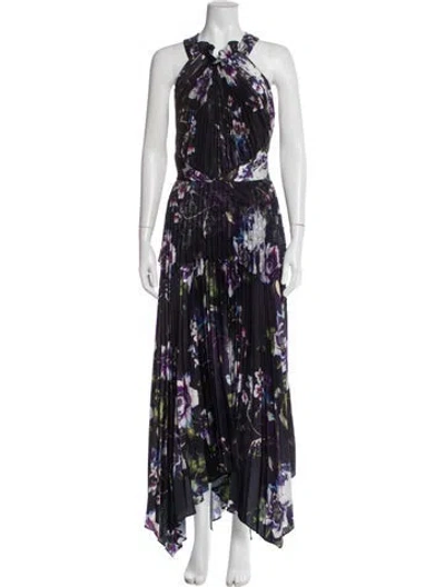 Pre-owned Theia Floral Print Long Dress In Black