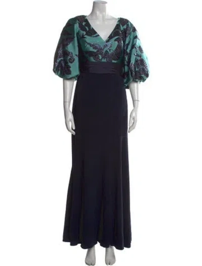 Pre-owned Theia Floral Print Long Dress In Black