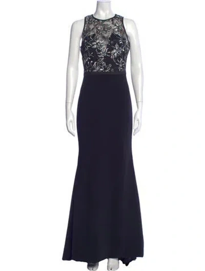Pre-owned Theia Floral Print Long Dress In Black