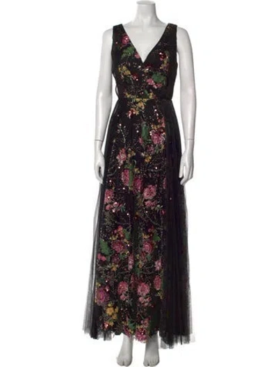 Pre-owned Theia Floral Print Long Dress In Black