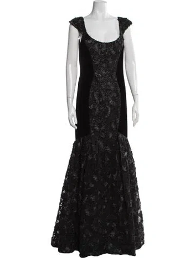 Pre-owned Theia Floral Print Long Dress In Black