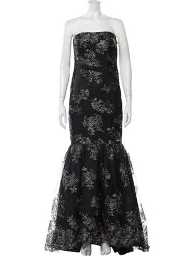 Pre-owned Theia Floral Print Long Dress In Black