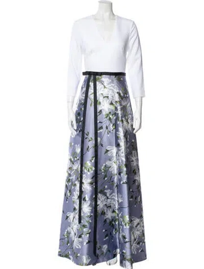 Pre-owned Theia Floral Print Long Dress In Blue