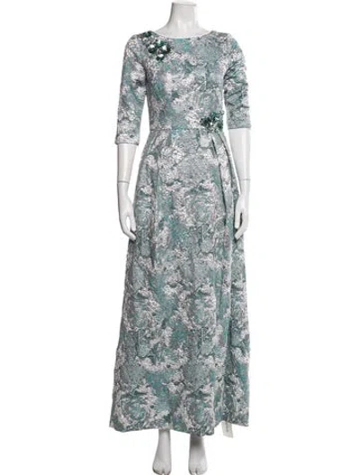 Pre-owned Theia Floral Print Long Dress In Blue