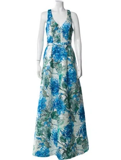 Pre-owned Theia Floral Print Long Dress In Blue