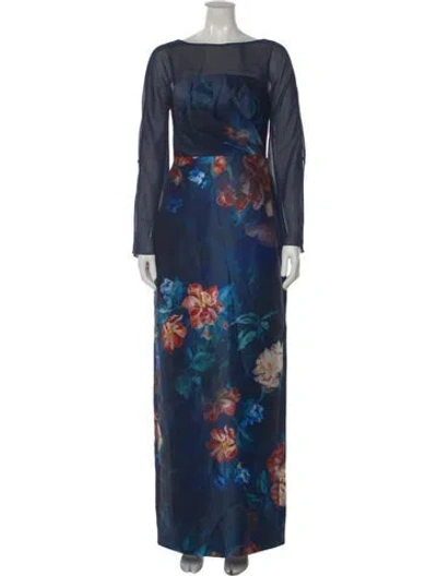 Pre-owned Theia Floral Print Long Dress In Blue