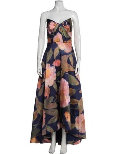 Pre-owned Theia Floral Print Long Dress In Blue