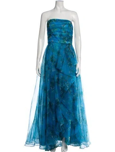 Pre-owned Theia Floral Print Long Dress In Blue