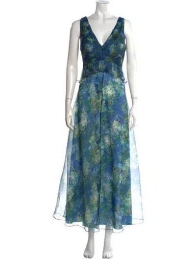 Pre-owned Theia Floral Print Long Dress In Blue