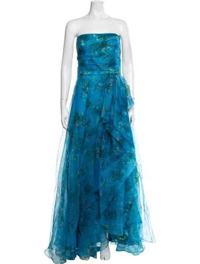 Pre-owned Theia Floral Print Long Dress In Blue