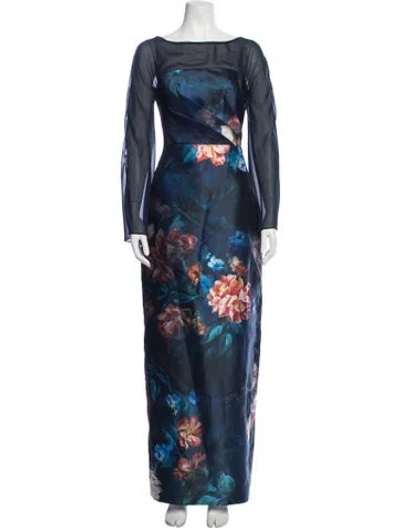 Pre-owned Theia Floral Print Long Dress In Blue