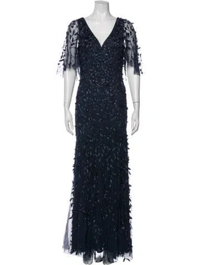 Pre-owned Theia Floral Print Long Dress In Blue