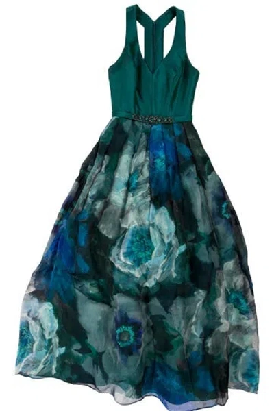 Pre-owned Theia Floral Print Long Dress In Blue