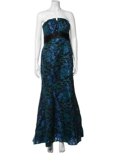 Pre-owned Theia Floral Print Long Dress In Blue