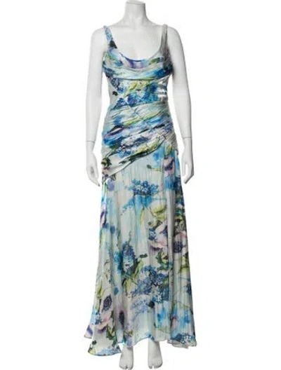 Pre-owned Theia Floral Print Long Dress In Blue