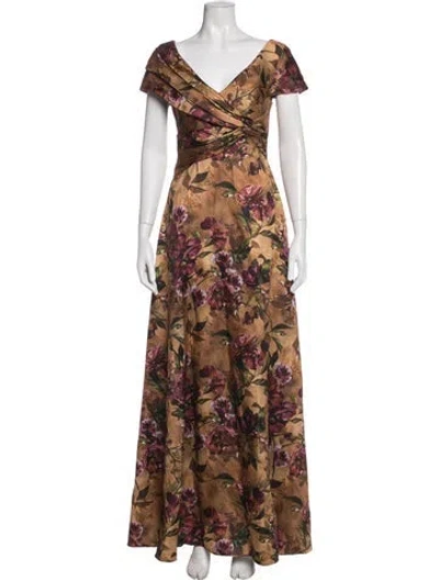 Pre-owned Theia Floral Print Long Dress In Brown