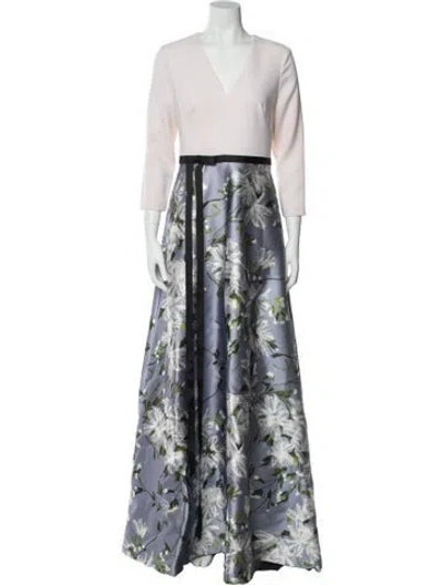 Pre-owned Theia Floral Print Long Dress In Gray