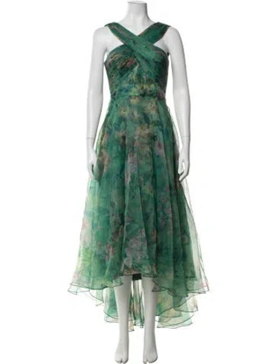 Pre-owned Theia Floral Print Long Dress In Green