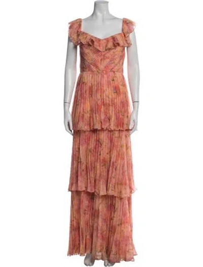 Pre-owned Theia Floral Print Long Dress In Metallic/orange