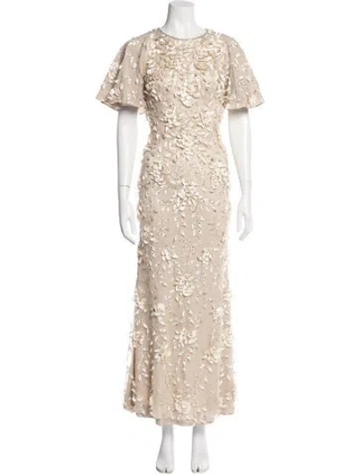 Pre-owned Theia Floral Print Long Dress In Neutral