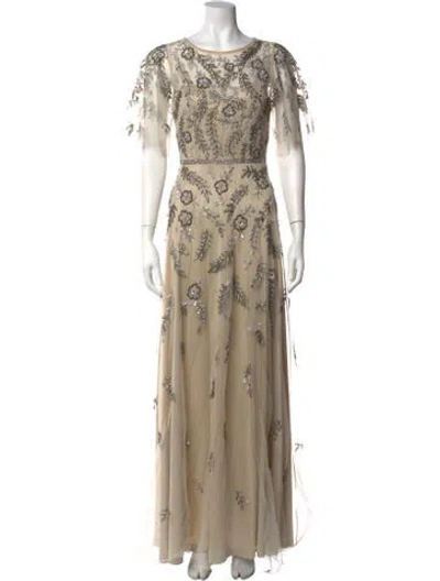Pre-owned Theia Floral Print Long Dress In Neutrals