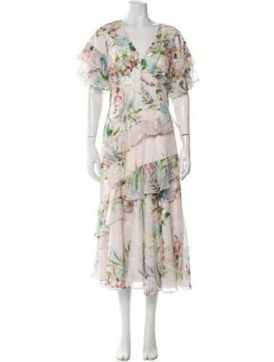 Pre-owned Theia Floral Print Long Dress In Pink