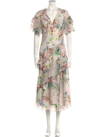 Pre-owned Theia Floral Print Long Dress In Pink