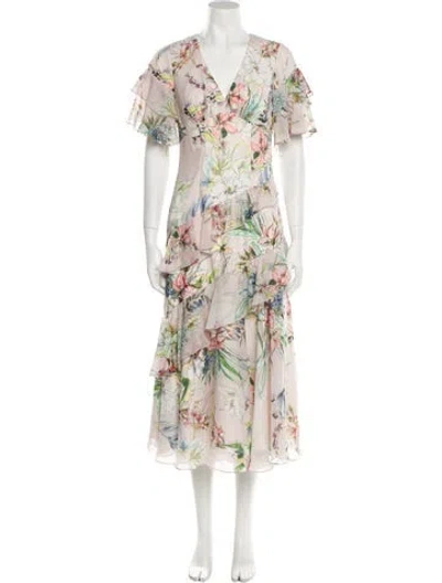Pre-owned Theia Floral Print Long Dress In Pink