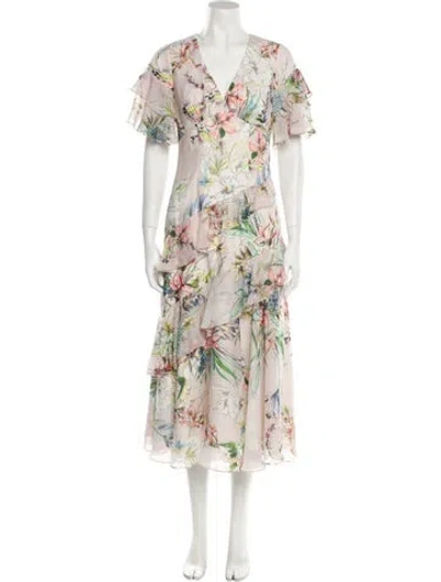 Pre-owned Theia Floral Print Long Dress In Pink