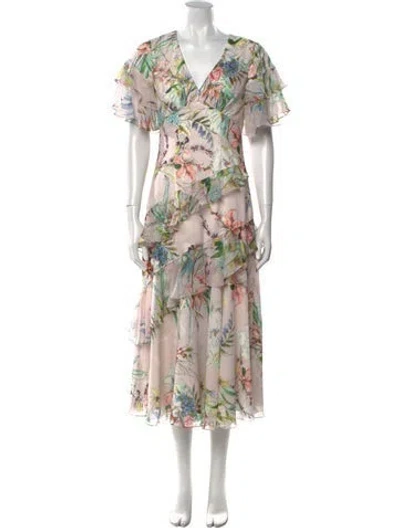 Pre-owned Theia Floral Print Long Dress In Pink
