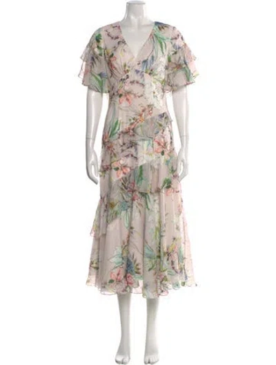 Pre-owned Theia Floral Print Long Dress In Pink