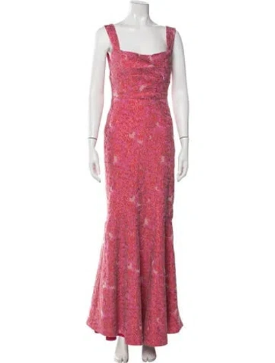 Pre-owned Theia Floral Print Long Dress In Pink