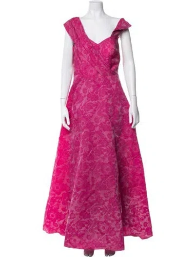Pre-owned Theia Floral Print Long Dress In Pink