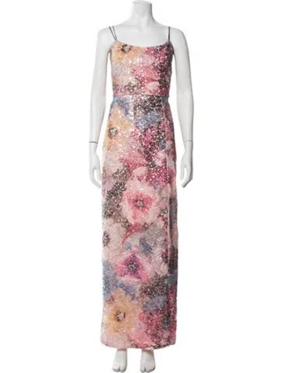 Pre-owned Theia Floral Print Long Dress In Pink/purple