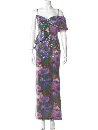 Pre-owned Theia Floral Print Long Dress In Purple