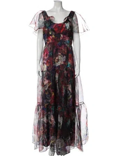 Pre-owned Theia Floral Print Long Dress In Purple