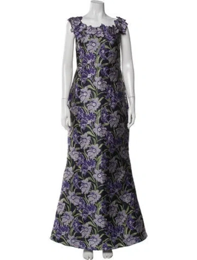 Pre-owned Theia Floral Print Long Dress In Purple
