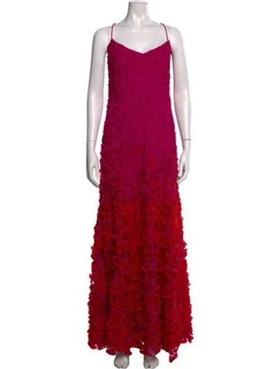 Pre-owned Theia Floral Print Long Dress In Red