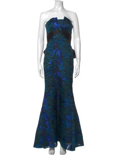 Pre-owned Theia Floral Print Long Dress W/ Tags In Blue