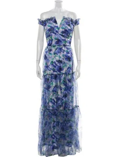 Pre-owned Theia Floral Print Long Dress W/ Tags In Blue