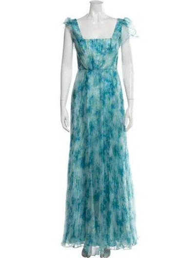 Pre-owned Theia Floral Print Long Dress W/ Tags In Blue