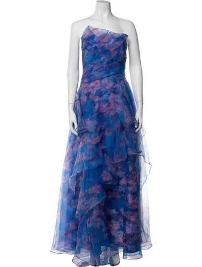 Pre-owned Theia Floral Print Long Dress W/ Tags In Blue