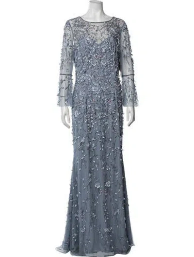 Pre-owned Theia Floral Print Long Dress W/ Tags In Blue