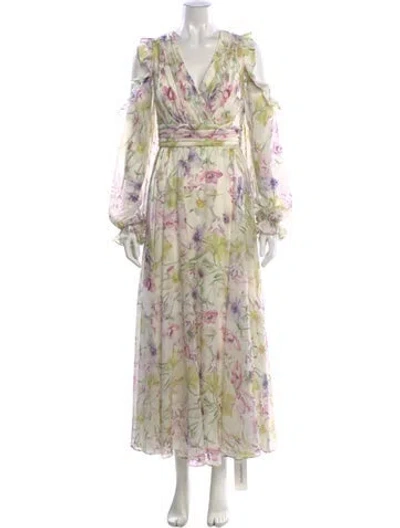 Pre-owned Theia Floral Print Long Dress W/ Tags In Green