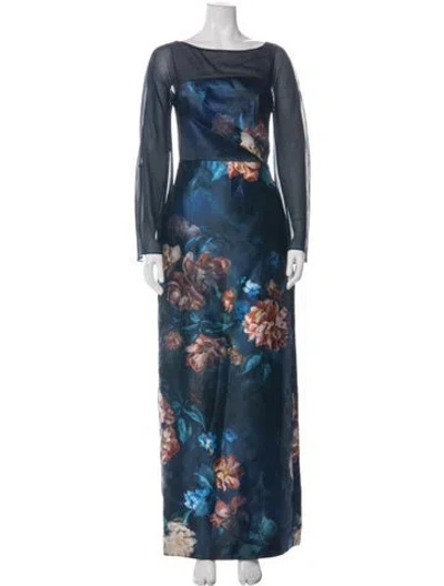Pre-owned Theia Floral Print Long Dress W/ Tags In Green