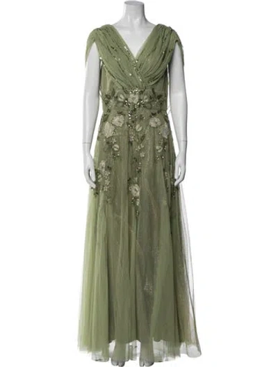 Pre-owned Theia Floral Print Long Dress W/ Tags In Green
