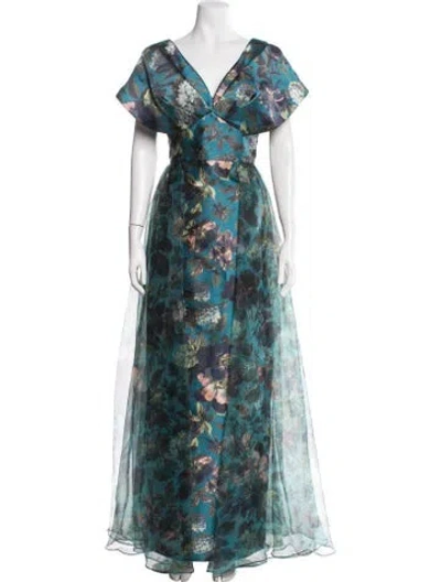 Pre-owned Theia Floral Print Long Dress W/ Tags In Green